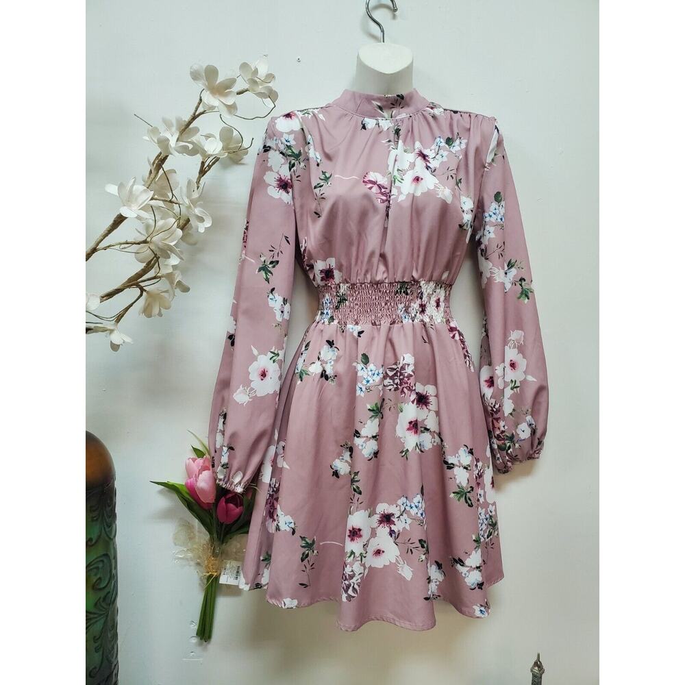 SHEIN Floral Turtle Neck Midi Dress Pink Long Sleeves Woman Sz XS Elastic Waist